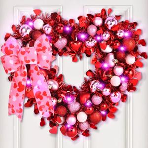 Waipfaru 14.2'' Valentines Day Wreath, Heart Wreaths for Front Door, Red Pink White Valentine Wreath Decorations with Bowknot Lights for Valentine's Home Wedding Party Wall Window Gifts Decor