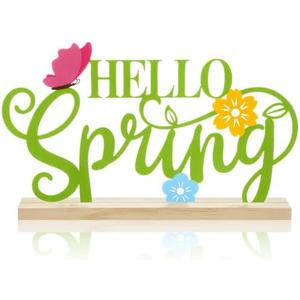 Roowest Metal Hello Spring Table Sign with Wooden Base Spring Flower Butterfly Tabletop Decoration Centerpiece Farmhouse Rustic Seasonal Tiered Tray Decor for Home Office Desk Shelf Mantel Easter Gift