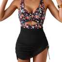 B2prity Women Mesh One Piece Swimdress Swimsuit Tummy Control V Neck Cutout Bathing Suit Wrap Drawstring Sarong Swimwear, M