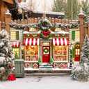 Merry Christmas Candy House Backdrop Banner 71x43 Inch Winter Holiday Storefront Scene with Gingerbread Window Display Large Christmas Decoration for Party Wall Indoor Use