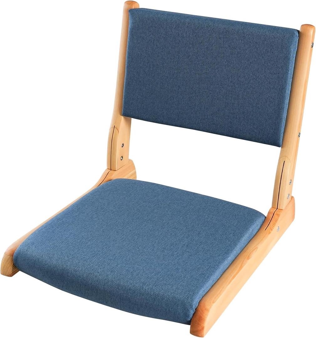 Japanese Floor Chair with Back Support, Foldable Meditation Chair, Legless Tatami Chair with Cushion, Floor Seat for Living Room, Bedroom, Bay Window (1, Blue)
