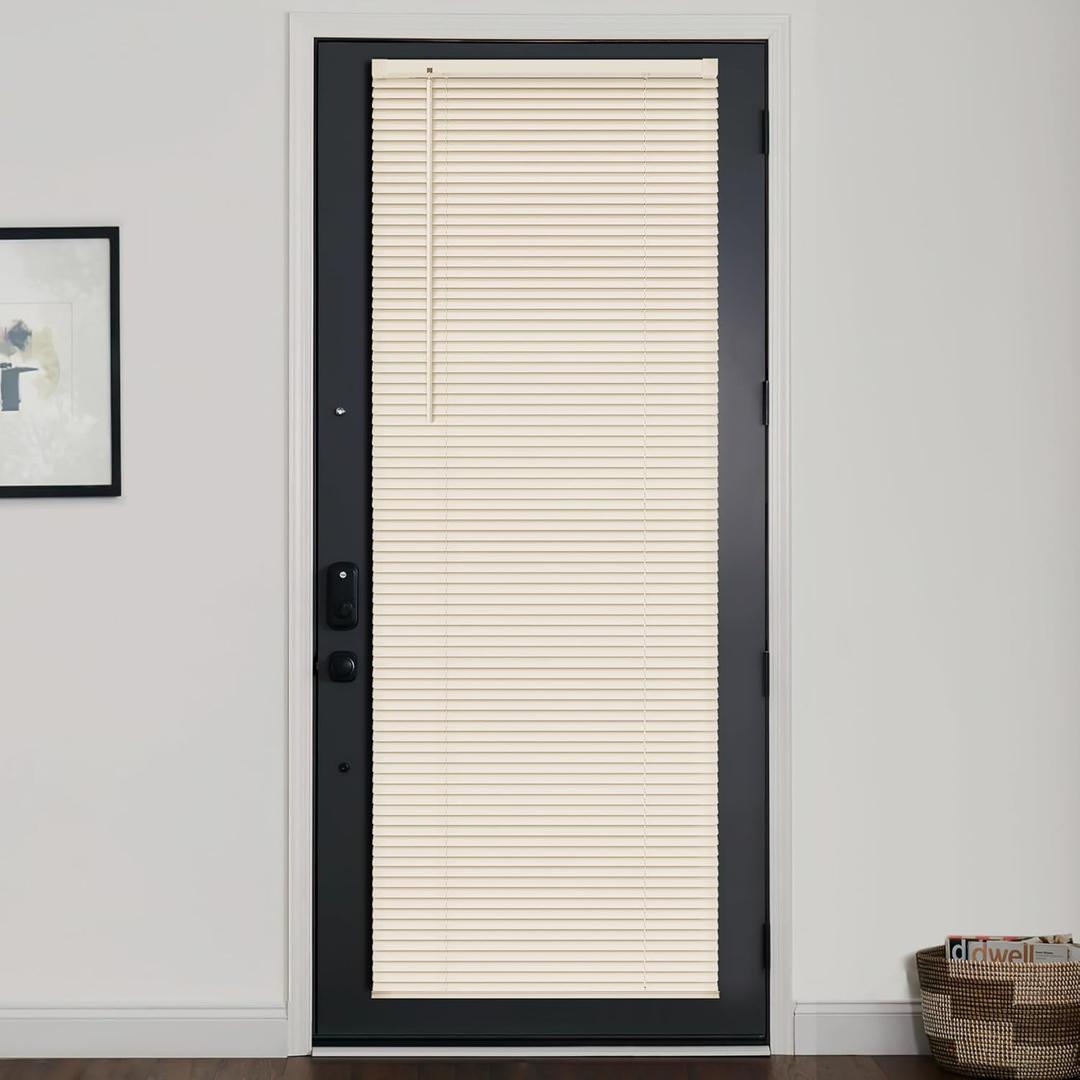 LazBlinds 1" Vinyl Mini Blinds for Doors, Cordless French Door Blinds for Privacy, Light Filtering Privacy Horizontal Shades for Front Door Patio Sidelight Glass Door, 26" W x 72" H, Beige