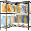 E15 Plus Garment Rack L Shaped Clothes Rack for Corner，Freestanding Clothing Racks for Hanging Clothes，Heavy Duty Closet System with 4 Hanging Rods & 8 S Hooks，48.5" W x 35" D x 78.4" H，Black