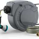 Retractable Garden Hose Reel 5/16 Inch x 33ft,Wall Mounted Hose Reel with 3/4 Inch Brass Fittings 10 Pattern Nozzle, Auto Rewind System, Any Length Lock, 180 Swivel Metal Bracket (Grey)