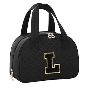 LYFFXYH Initial Travel Toiletry Bag, Personalized Cosmetic Bags Birthday Gifts for Women, Makeup Bag Organizer with Handle, Travel Bag for Toiletries with Brush Holder (L, Black)