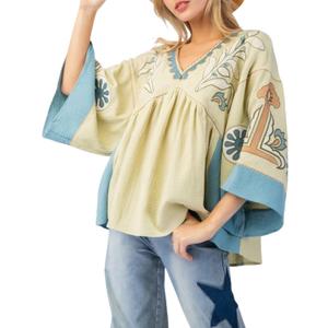 Womens Floral Printed Blouse V-Neck 3/4 Sleeves Loose Fit Vintage Babydoll Tops (Small, Green)