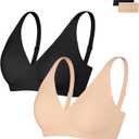 Popilush 2 Pieces Womens Bras No Underwire Push Up Bra Wireless Supportive Bralettes Comfortable Tshirt Bra Deep V, Small