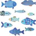 WATUNID 10PCS Fish Wall Decor, Wooden Nautical Ocean Wall Art Hanging, Coastal Blue Fish Sculpture Ornaments for Home Bedroom Bathroom Lake House, Flat Printing Not 3D Pattern