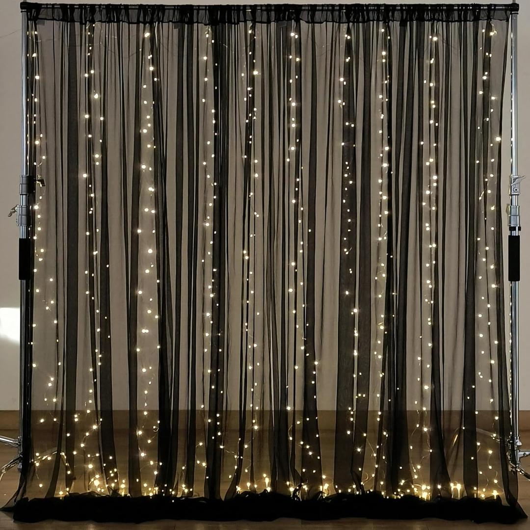 1010ft Black Tulle Backdrop Curtain with Lights String for Parites, Sheer Photo Backdrop Curtains for Wedding Party Photography Background