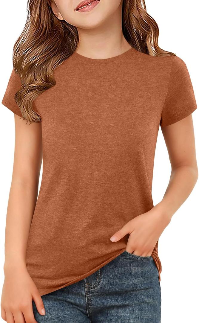 ZDC Girls Short Sleeve T Shirts Kids Summer Basic Tee Crewneck Tops | Cute Tops, Solid Color, School Shirt, 5-14 Years (Brown)