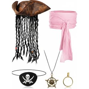 5 Pieces Halloween Pirate Costume Set, Pirate Hat with Dreadlocks Earrings Skull Necklace Eye Patch Large Sash for Men Women (Pink)
