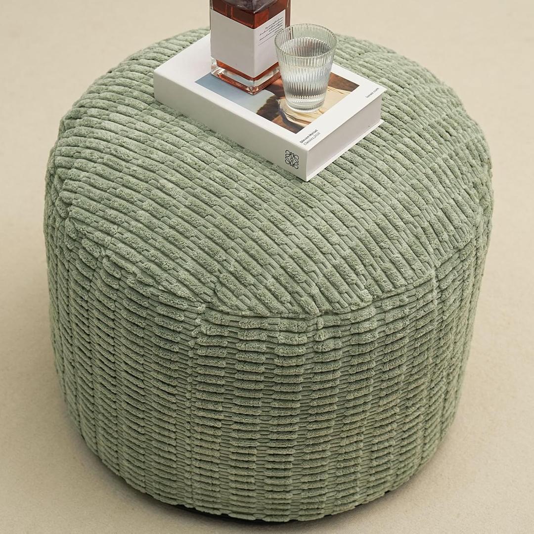 Round Stuffed Pouf Ottoman for Foot Rest 26" X 18" Faux Fur Poufs, Green