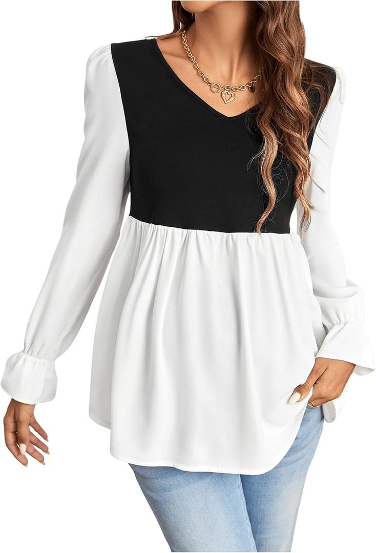 MakeMeChic Women's Maternity Blouse Color Block Long Sleeve V Neck Flared Babydoll Peplum Tops (XX-Large, Black and White)