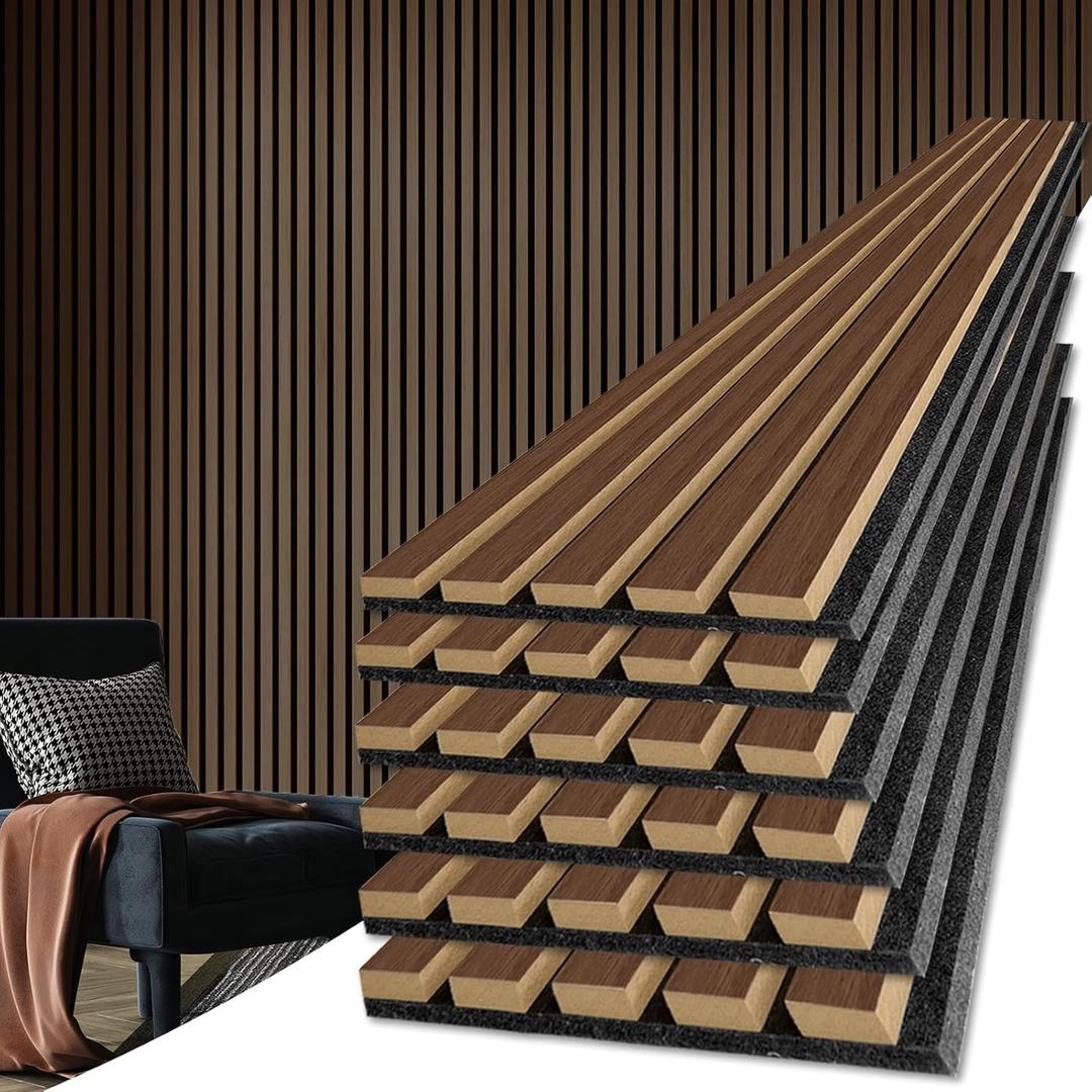 Art3d 6-Pack Acoustic Wood Slat Wall Panels for Interior Decor, 3D Fluted Sound Absorbing Wood Paneling for Accent Wall Ceiling Kitchen Living Room Bedroom Office, 94.5 x 7.9 inch Deep Walnut