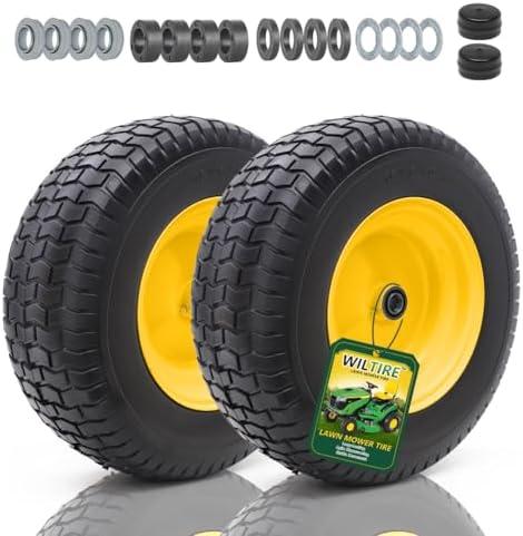 Wiltire 16x6.50-8 Tire and Wheel Assembly (2 Pack),Flat Free Lawn Mower Tires with Rim, Solid Rubber Riding Lawn Mower Tires and Wheels,3/4" Bearings (Extra 5/8" Bearings),3" Centered Hub(Yellow)