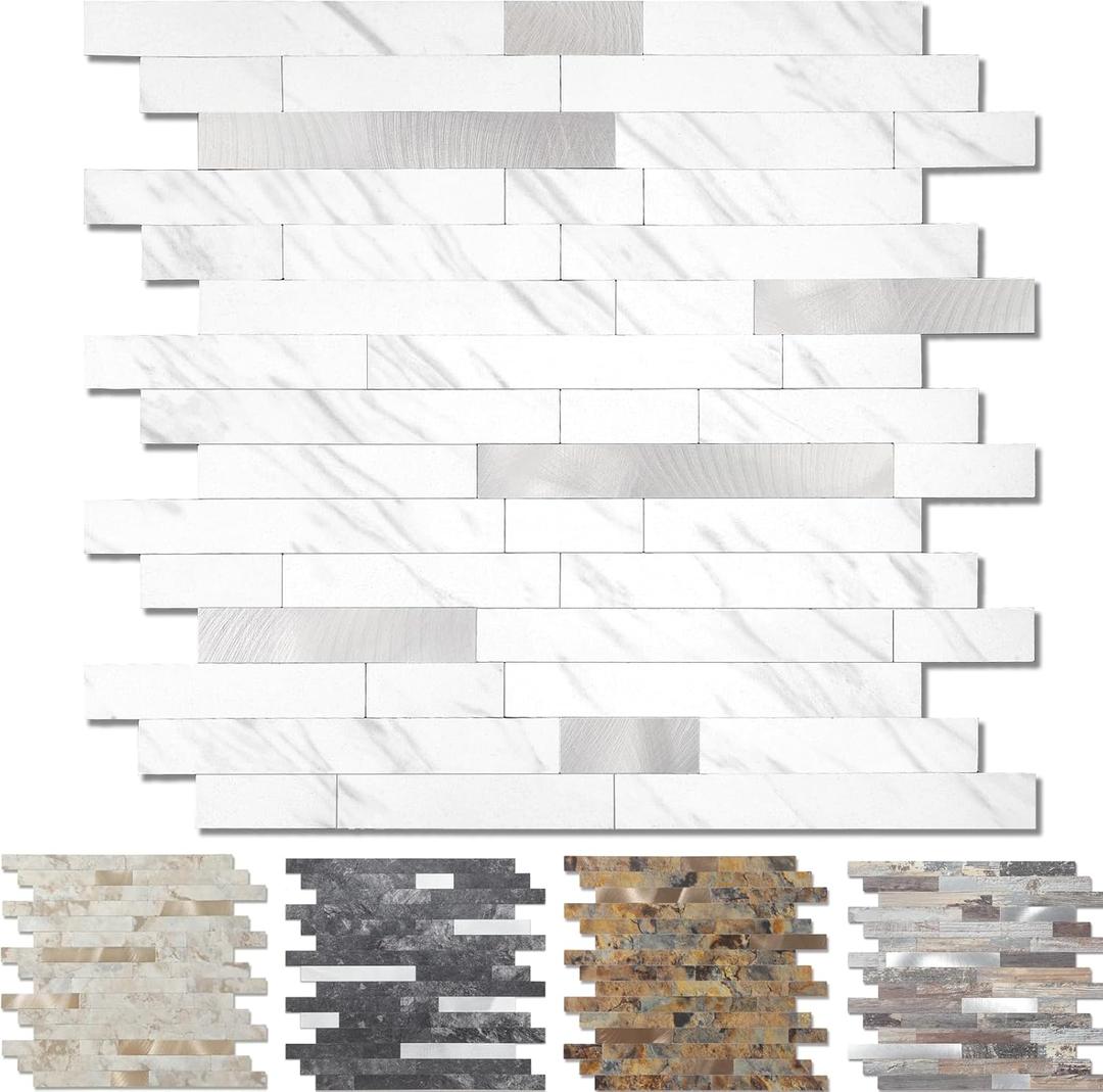 Yipscazo 20 Sheets Peel and Stick Stone Metal Tile Backsplash, Stick on Tiles for Backsplash Kitchen, Bathroom, Laundry Room, Camper, Fireplace (12'' X 12'', White Stone with Metal)