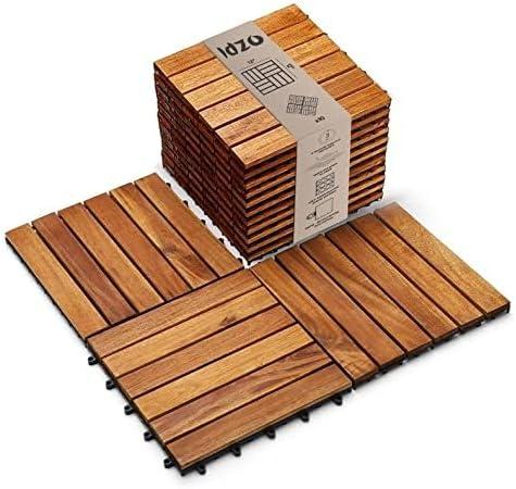 Idzo Interlocking Deck Tiles - 10PCS Waterproof Acacia Wood Patio Floor Tiles for Balcony, Backyard, Indoor and Outdoor Use - Decking Stripe Pattern, Golden Teak, 12 x 12 x 0.9 inches