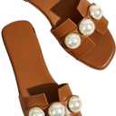Verdusa Women's Flat Sandals Pearl Sandals Square Toe Summer Slip On Flat Shoes (Brown, 10.5)