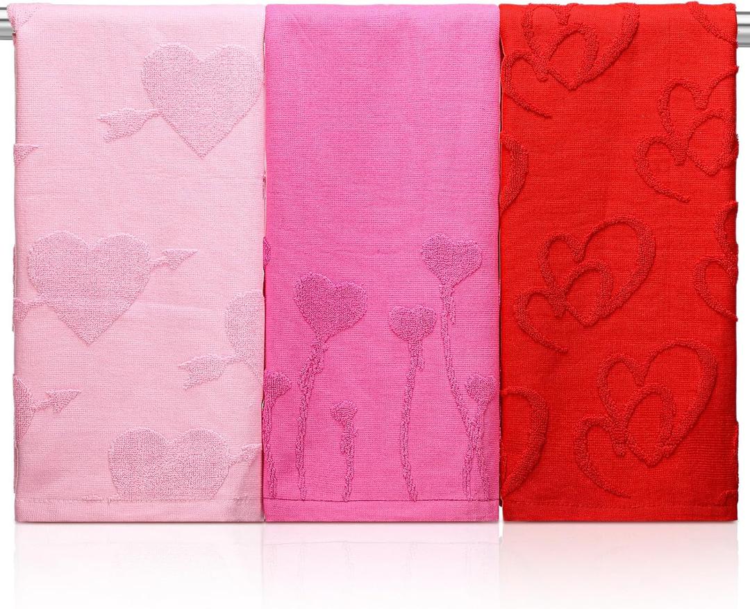 3 Pcs Valentine's Day Bathroom Hand Towel Cotton 3D Red and Pink Hearts Jacquard Weave Kitchen Towel 29x14 Inch Bath Decor Married Couple Gifts Anniversary Wedding Decoration