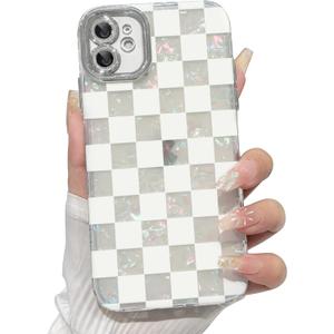 NITITOP Compatible with iPhone 12 Case Cute Checkerboard Checker Plaid Shell Textures for Girls Women Men Soft TPU Slim Hard Back with Lens Protective Phone Cover - White