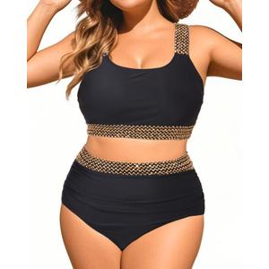 Black Golden Women Two Piece Plus Size Bikini - High Waisted Swimsuits Tummy Control Bathing Suits Swimwear 2025 18W