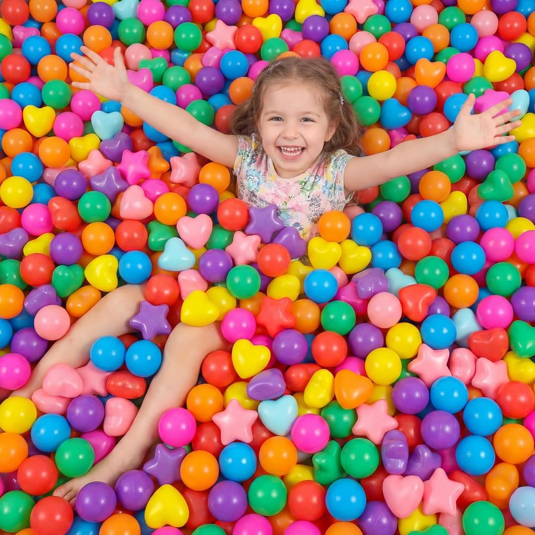 RoundFunny 100 Pieces Balls for Kids Star Heart Shape Plastic Balls for Toddler Playpen 2.17'' Play Toy for Crawl Tunnel Inflatable Pool Birthday Party Decoration