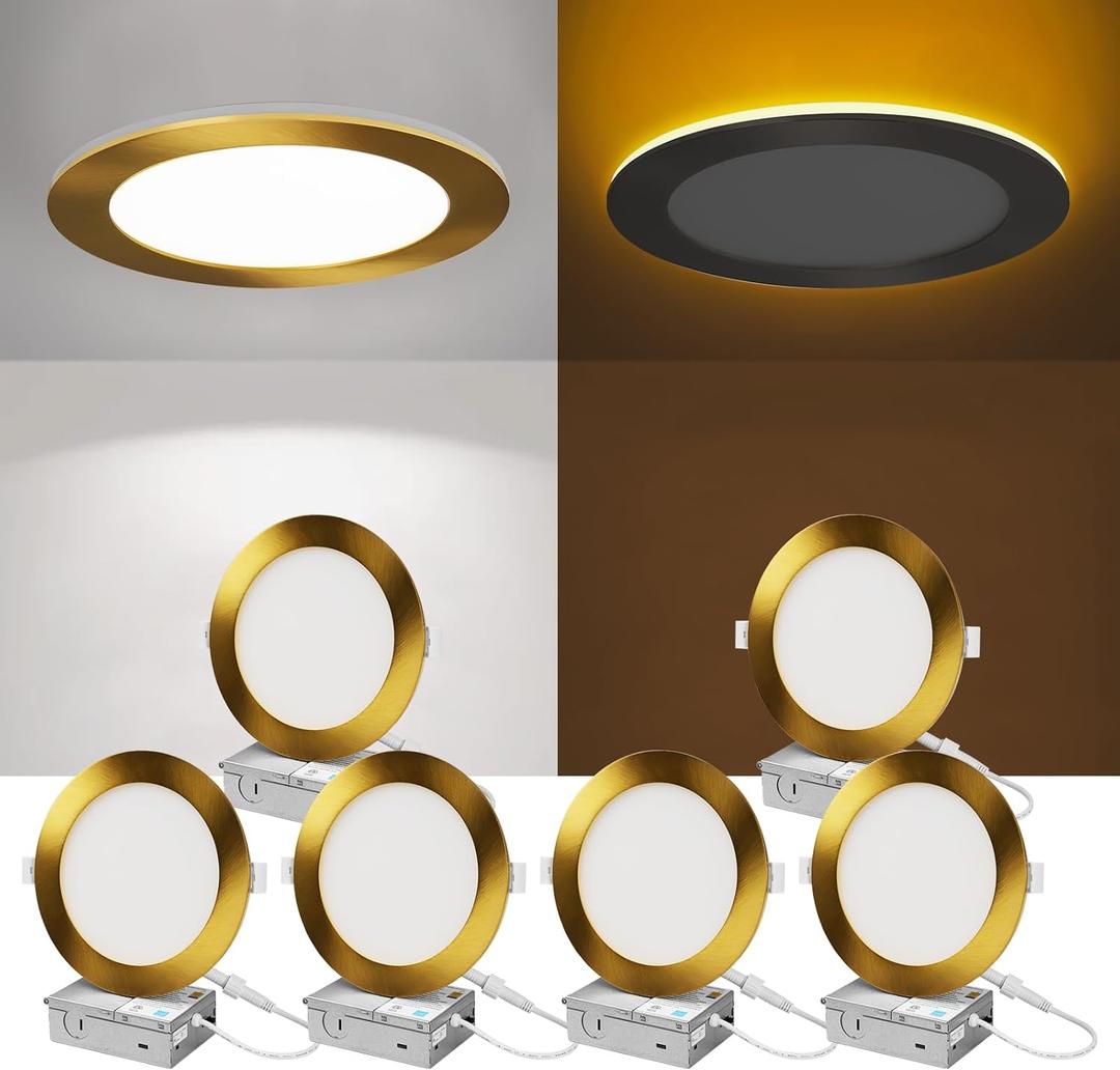 ZYC Recessed Lighting 6 Inch - 12W 1100LM LED Recessed Ceiling Light with Night Light, 2700K/3000K/4000K/5000K/6000K Selectable Ultra-Thin Lighting, Dimmable Canless Wafer Downlight, Pack of 6, Gold