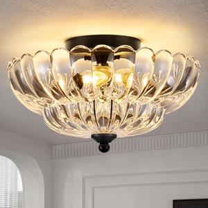 3-Light Semi Flush Mount Ceiling Light Fixture, Vintage Crystal Glass with Black Metal Frame, Modern Close-to-Ceiling Lighting for Bedroom Kitchen Living Room Hallway, E26 Base (Bulbs Not Included) (11.8 inch)