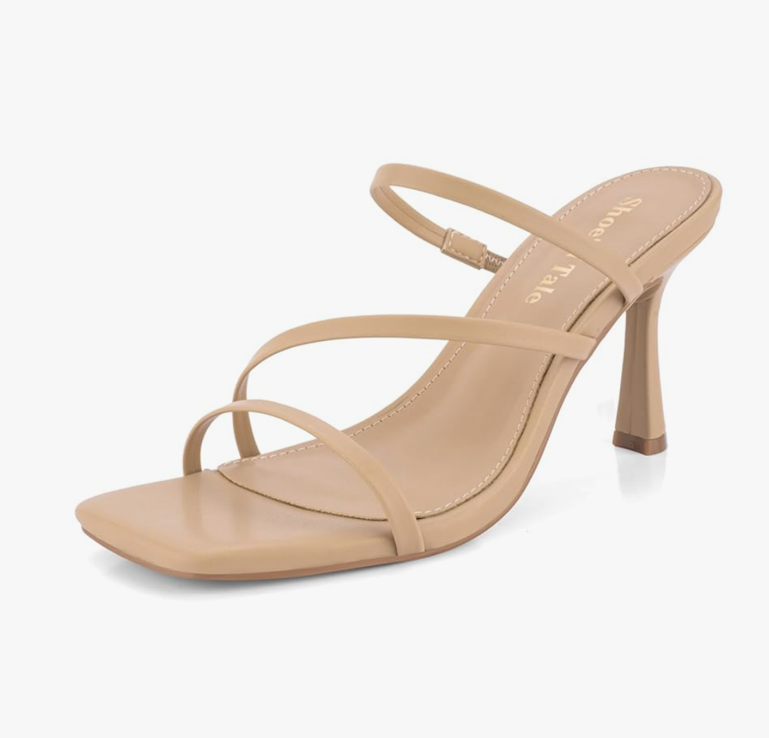 Shoe'N Tale Strappy Kitten Heels For Women Stiletto Mules Square Open Toe Slip On Sandals Natural Nude 8