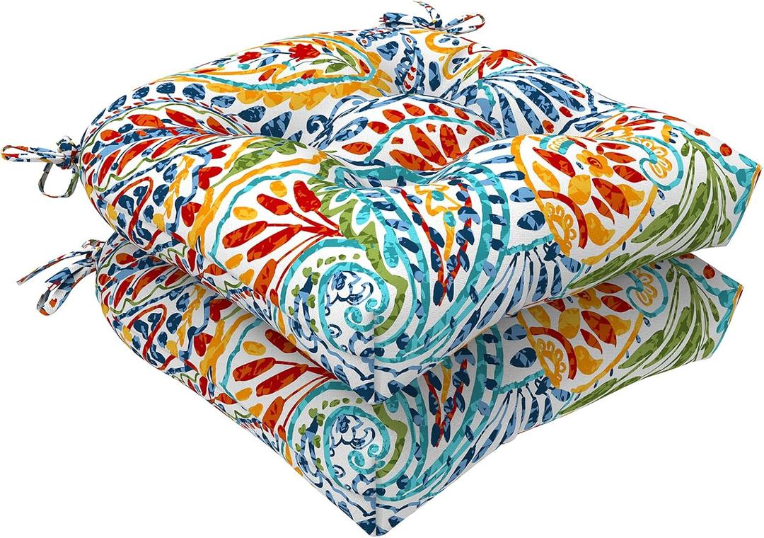 LVTXIII Outdoor/Indoor Tufted Seat Cushion, Decorative Wicker Chair Pads All Weather Seat Cushion Sets for Patio Garden Home Office Furniture, 19x19x4, Round Back, Pack of 2, Paisley Multi