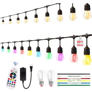 50FT Outdoor String Lights, Outdoor Lights for Patio,with 24+2 LED RGBW Color Change,3000K Bright White Waterproof Bulbs, Dimmer & Remote, Customized 12 Colors & 4 Modes, for Backyard Decor