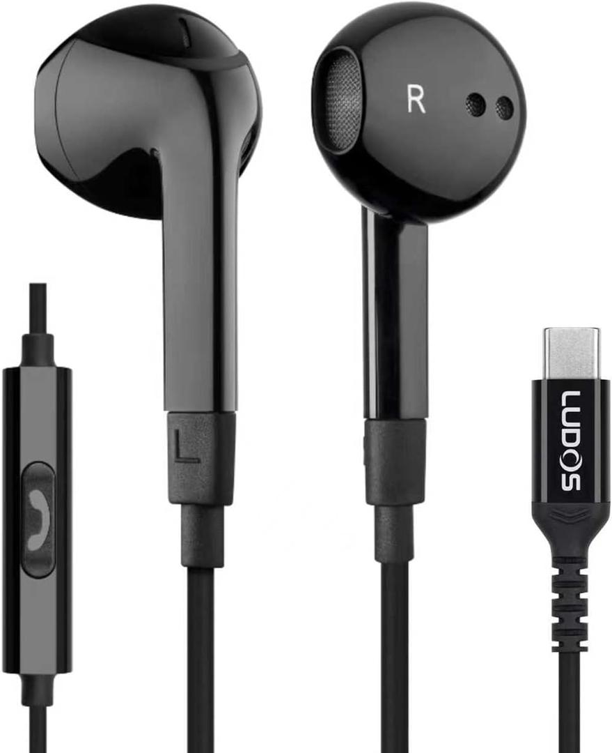 LUDOS FEROX USB C Headphones for iPhone 17 16 15 Pro Max Plus Air iPad Pro, USB-C Earbuds for Samsung Galaxy S24 S23 Ultra S22 S21 FE S20 Z Flip 3 Fold 4 A53, USB Type C Earphones