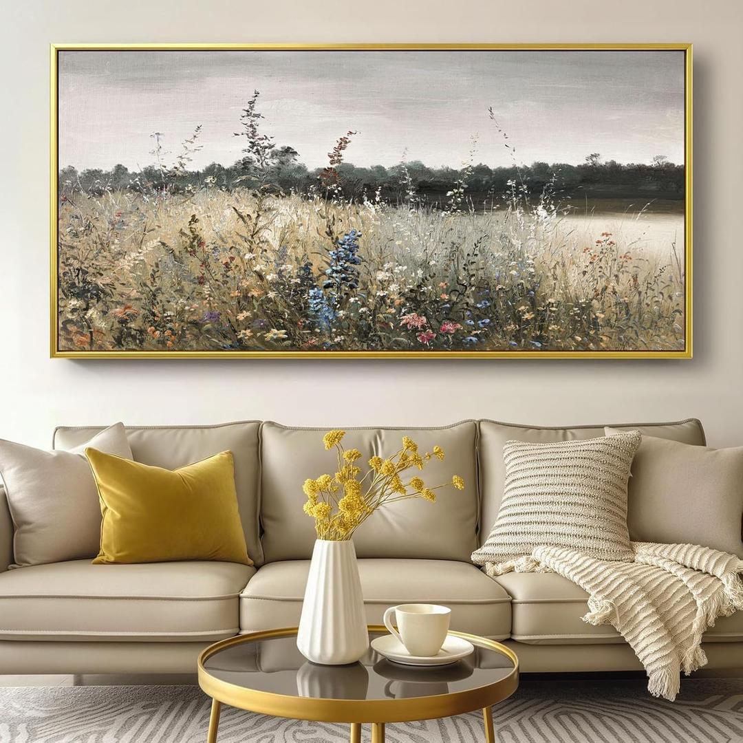 Large gold framed Canvas Wall Art Classical Flower Meadow Oil Painting Prints, Canvas Prints Artwork for Walls wall art for Living Room Bedroom Bathroom, Country Farmhouse Office Wall Decor, 48"L x 24"W