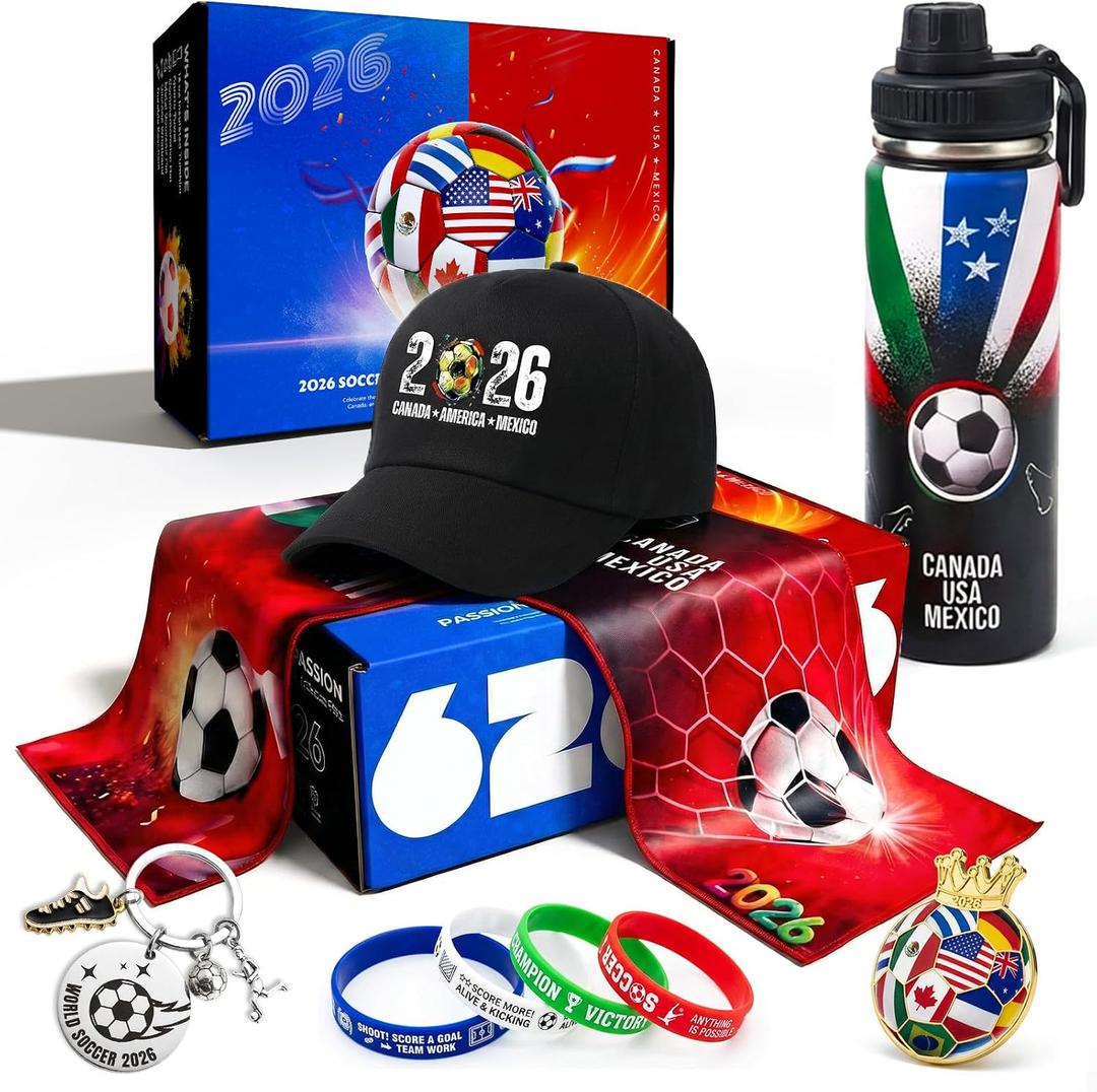 Exun Soccer Fan Gift Basket Set 2026 – 9 Piece Sports Accessories Bundle with Stainless Steel Tumbler, Towel, Keychain, Hat, Wristband & Metal Pin – Triple Nation Flag Design, World Soccer Lover Gift