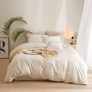 AMWAN Boho 3 Pieces Queen Size Soft Washed Microfiber Cream White Duvet Cover Set with Zipper Closure - Off White 90x90 Comforter Cover, 2 Pillowcases