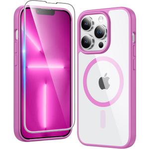 FNTCASE for iPhone 13 Pro Case: Clear Magnetic Phone Cases with Screen Protector Compatible with Magsafe Slim Anti Yellowing Rugged Shockproof Protective Transparent Cell Phone Cover (B-Pink)