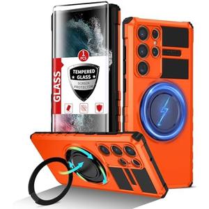 IYTRRYH for Samsung Galaxy S22 Ultra Case Magnetic Compatible Wireless Charging, S22 Ultra Case with 1 Screen Protector, Built-in Kickstand Ring Military Grade Drop Shockproof Heavy Duty Protection Orange