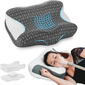 Elviros Cervical Neck CPAP Pillow for Sleeping, Ergonomic Adjustable Height Neck Support Memory Foam Bed Pillow for CPAP Users with Sleep Apnea, Suitable for Side and Back Sleepers (Dark Grey)