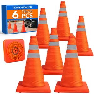 TENKAIWICK 18 Inch 6 Pack Traffic Cones,Collapsible Safety Cones,Multi Purpose Pop-up Cones with Reflective Collar,Orange Cones for Parking lot, Driveway, Driving Training etc