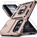 Janmitta Compatible with Samsung Galaxy S25 Edge Case Built in Slide Camera Lens Cover+Screen Protector+Finger Ring Holder Kickstand,Heavy Duty Shockproof Full Body Phone Cover,2025 Rose Gold