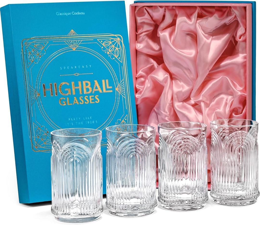 Vintage Art Deco 1920s Highball Cocktail Glasses | Set of 4 | 14 oz Tall Crystal Tumblers for Drinking Mojito, Whiskey Highball, Gin Rickey, Classic Long Bar Drinks | Large Hiball Glassware