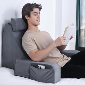 ENITYA Reading Pillow with Arms for Bed Support, 21" Large Back Support Pillow for Sitting up, Wedge Pillow for Reclining, Watching TV, Reading, Gaming, Resting in Bed, Couch or Floor, Grey (Large(Above 5'10"))