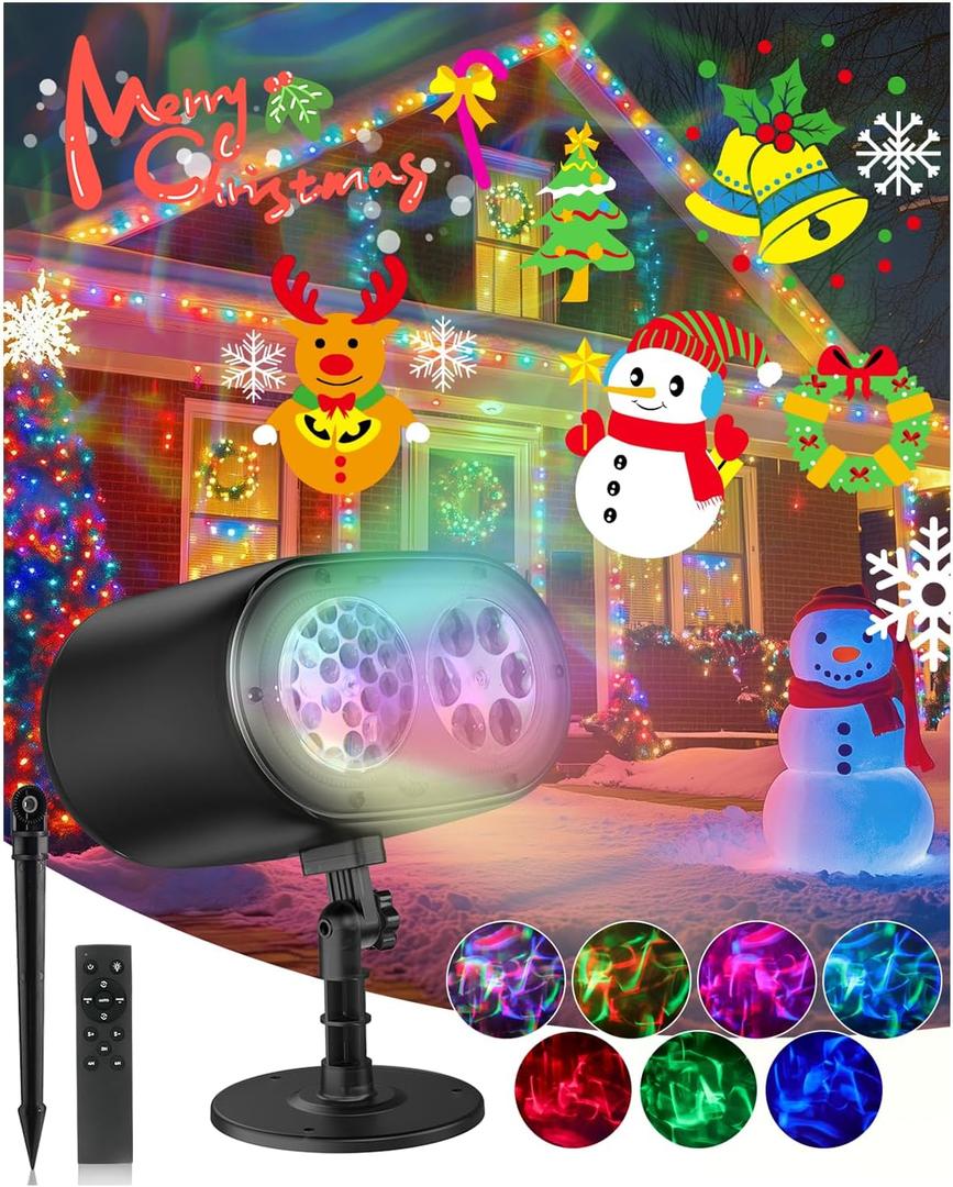 2025 Upgraded Brighter HD Christmas Projector Lights, IP67 Waterproof Outdoor Christmas Decoration Projector Light, Festive Atmosphere Projection Lights for House Yard Party Decorations with Remote
