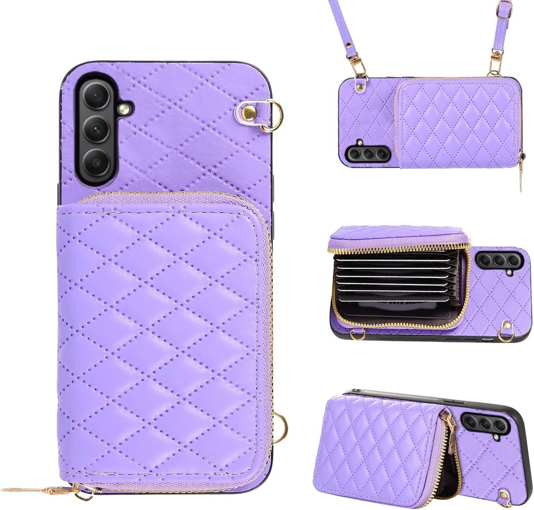 Compatible with Samsung Galaxy A35 5G Zipper Wallet Case with Crossbody Shoulder Strap Flip Purse Card Slot, Luxury PU Leather Card Holder Stand Cell Phone Cover for A 35 35A A355G Women Purple