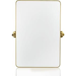 24"×36" Gold Pivot Bathroom Mirror for Wall Tilt Vanity Mirror Modern Rectangle Stainless Steel Metal Framed Mirrors with Rounded Corners Hanging Vertical