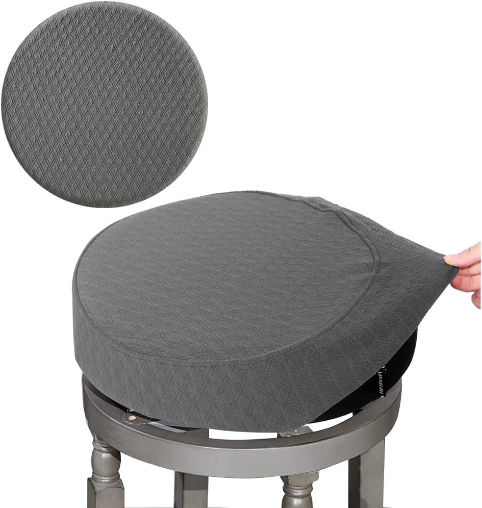 BUYUE Bar Stool Covers, Luxury Fabric Dia.16-18" Round Crease-Resistant Stretchy Washable Jacquard Dustproof Stool Seat Slipcover, L-Grey-1 Count