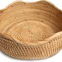 HITOMEN Handmade Rattan Bread Baskets Round Wicker Fruit Serving Storage Bowls, Natural Woven Decorative Kitchen Counter Organizing (Honey Brown) M-10.2"