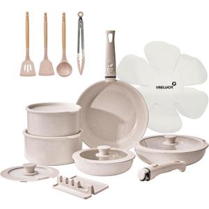 21 Pcs Ceramic kitchen Cookware Set,Nonstick Pots and Pans with Removable Handles Stackable Camping Cookware Dishwasher&Oven Safe Frying Pan,Taupe (21 Piece)