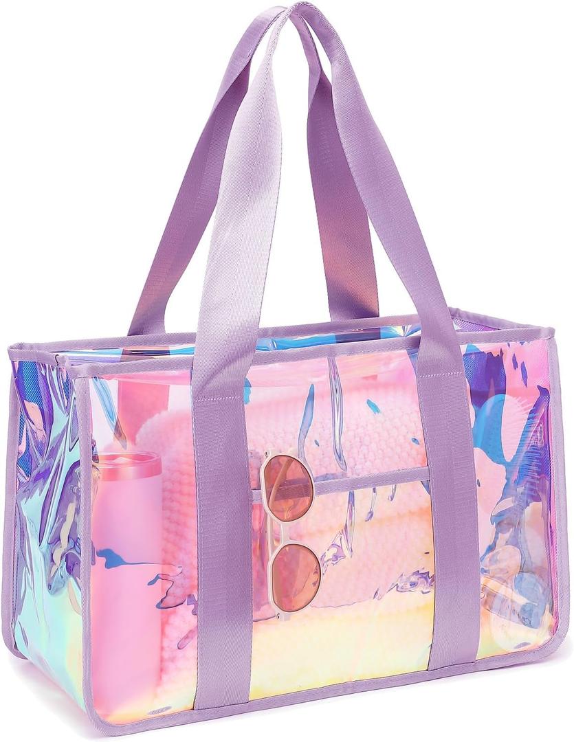 Iridescent Clear Beach Bag for Women, Large Pool Tote Cruise Vacation Essentials - Waterproof, Zipper Closure (Iridesent Purple)