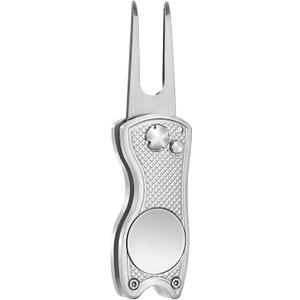 Mile High Life Golf Divot Repair Tool, All Metal Foldable Divot Tool with Pop-up Button & Magnetic Ball Marker, 2-6 Pack (Silver Fish)